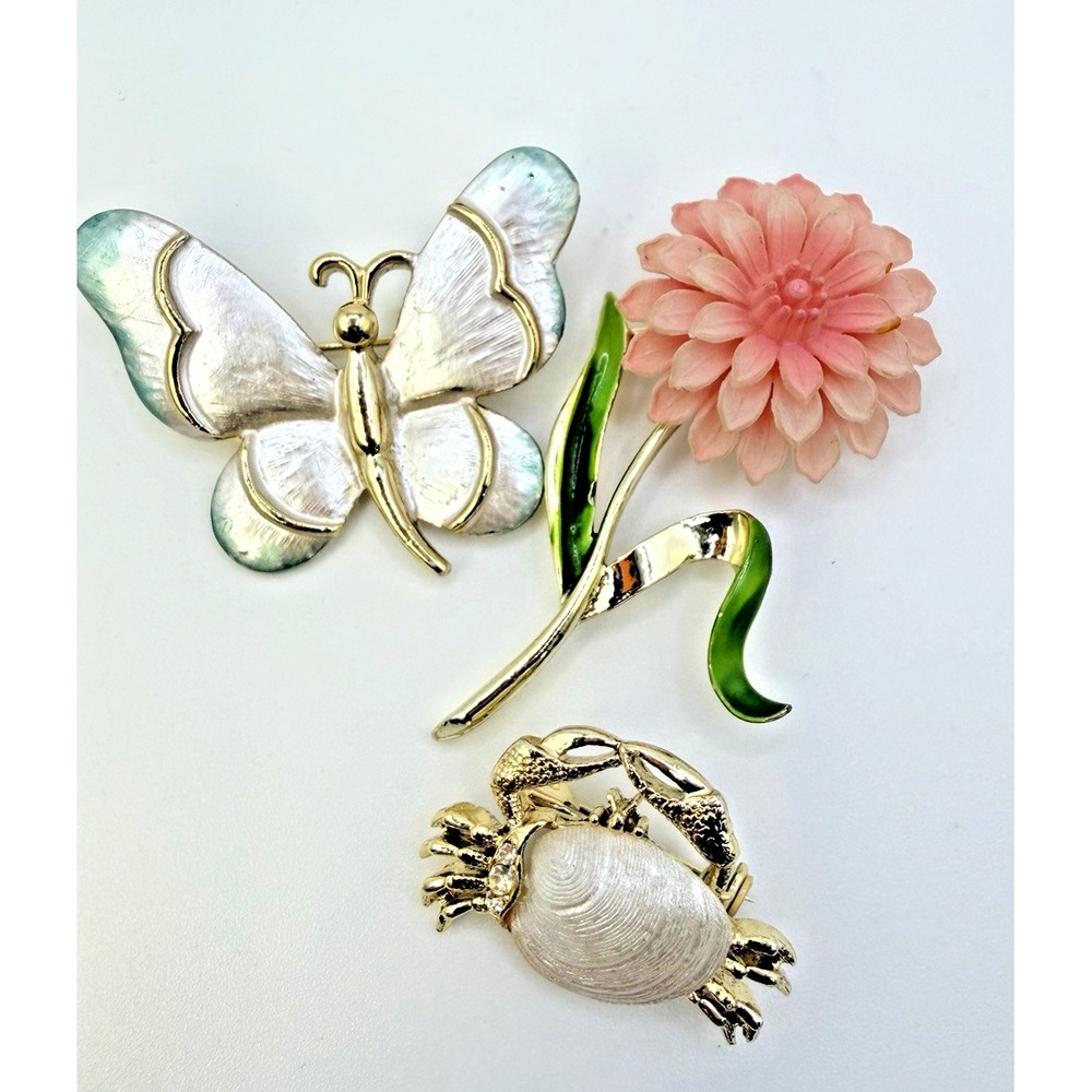 Vtg Gerry's Signed Brooch 3-pc Lot Enamel Butterfly Real Shell Crab Flower Pins